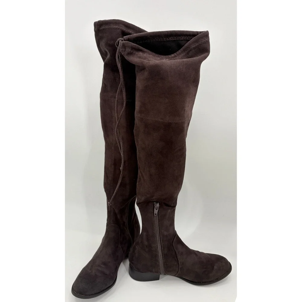 Women Dark Brown Faux Suede Over the Knee Thigh High Tie Back Boots Size 7.5
